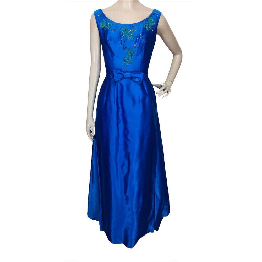 Vintage 1940s Cartwright Blue Satin Jewel Tone Beaded Embroidered Gown Dress